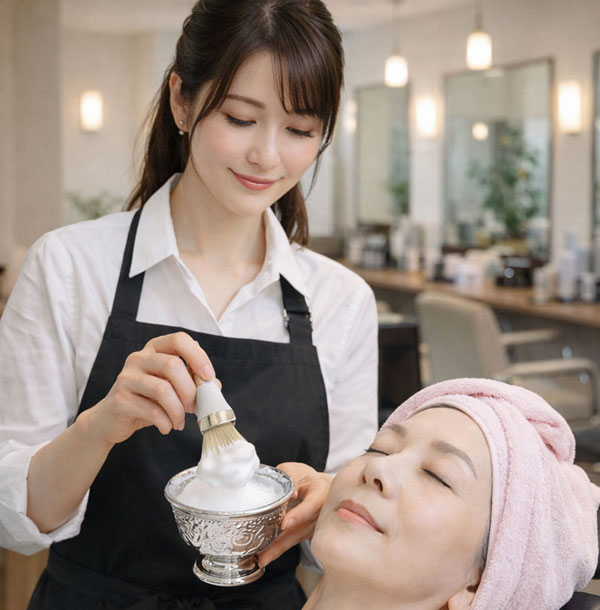 ロクワット洗顔クリームでシェービングう中の女性