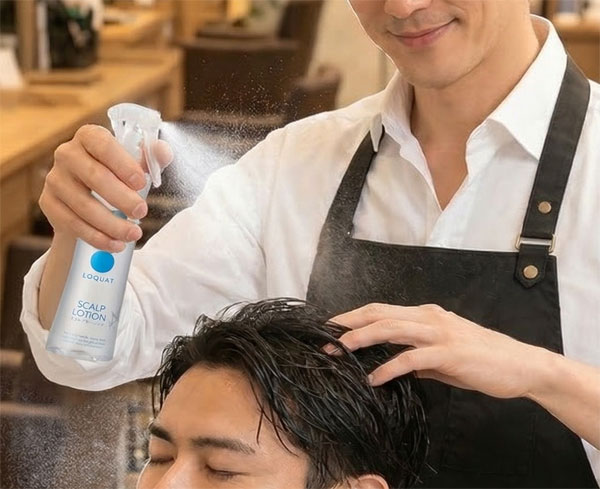 理容室でスカルプローションをスプレーされている男性